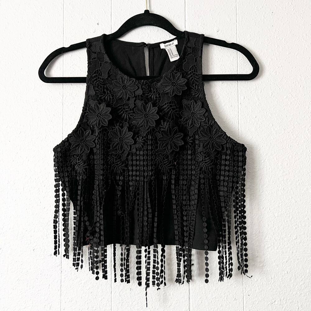 Forever 21 Top Womens XS Fringe Floral Goth Western Boho Coquette Festival Chic